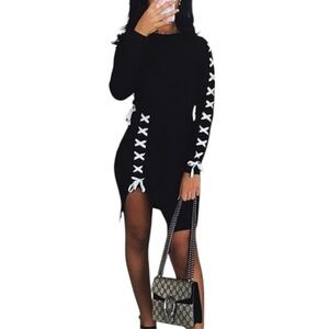 Black Long Sleeve Dress with White Tie Accents